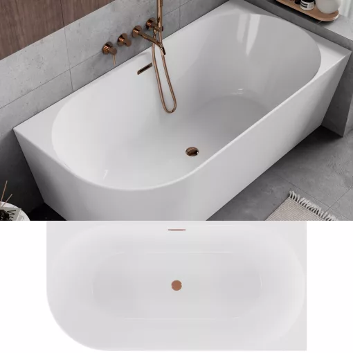 HD Serico 150/160/170 cm hosszú aszimmetrikus félszabadonálló akril kád rózsa arany túlfolyóval és click-clack leeresztővel