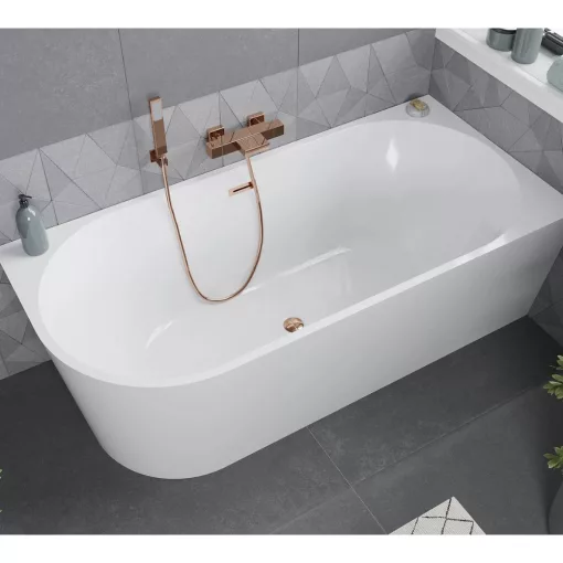 HD Serico 150/160/170 cm hosszú aszimmetrikus félszabadonálló akril kád rózsa arany túlfolyóval és click-clack leeresztővel