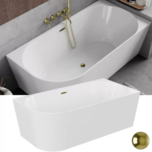 HD Serico 150/160/170 cm hosszú aszimmetrikus félszabadonálló akril kád fényes arany túlfolyóval és click-clack leeresztővel