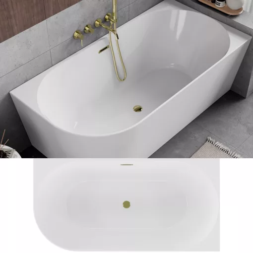 HD Serico 150/160/170 cm hosszú aszimmetrikus félszabadonálló akril kád fényes arany túlfolyóval és click-clack leeresztővel