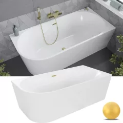   HD Serico 150/160/170 cm hosszú aszimmetrikus félszabadonálló akril kád szálcsiszolt arany túlfolyóval és click-clack leeresztővel