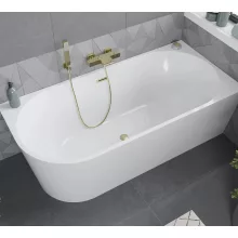 HD Serico 150/160/170 cm hosszú aszimmetrikus félszabadonálló akril kád szálcsiszolt arany túlfolyóval és click-clack leeresztővel