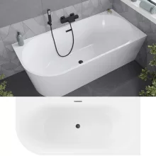 HD Serico 150/160/170 cm hosszú aszimmetrikus félszabadonálló akril kád matt fekete túlfolyóval és click-clack leeresztővel