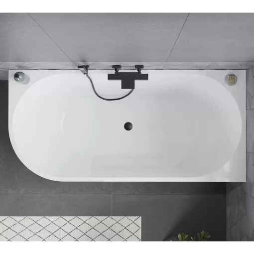 HD Serico 150/160/170 cm hosszú aszimmetrikus félszabadonálló akril kád matt fekete túlfolyóval és click-clack leeresztővel