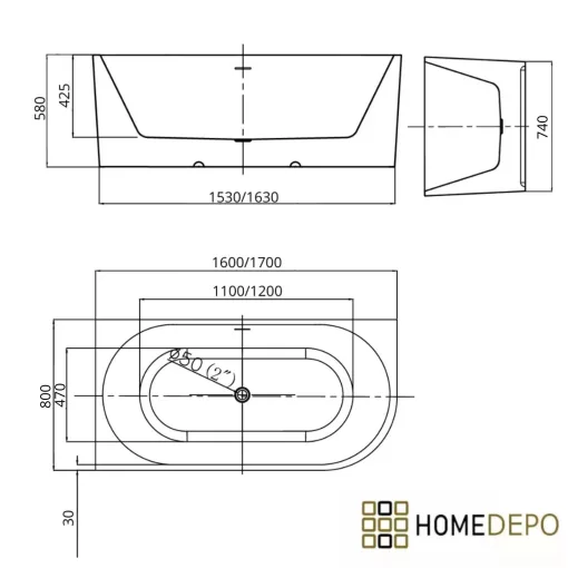 HD Serico 160x80 cm balos félszabadonálló akril kád fényes fehér túlfolyóval és click-clack leeresztővel
