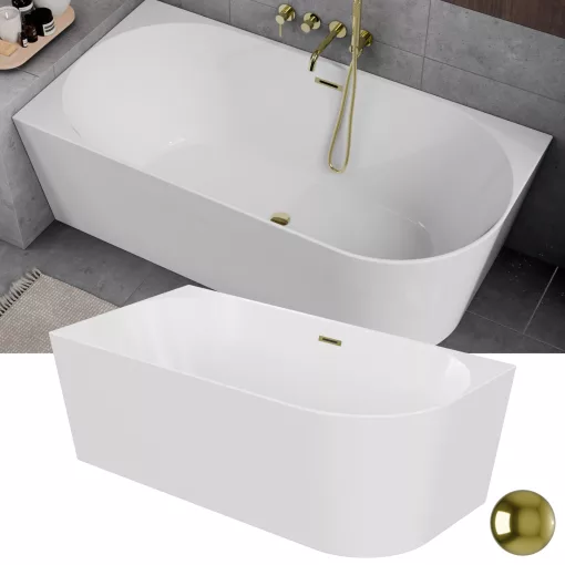 HD Serico 160x80 cm balos félszabadonálló akril kád fényes arany túlfolyóval és click-clack leeresztővel