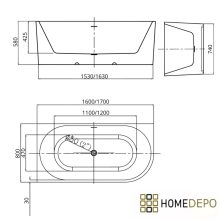 HD Serico 170x80 cm balos félszabadonálló akril kád szálcsiszolt arany túlfolyóval és click-clack leeresztővel