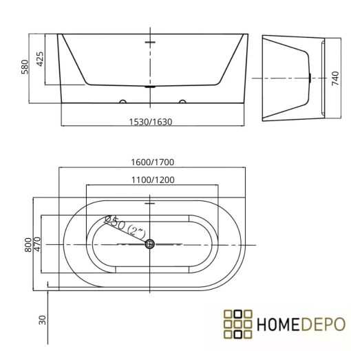 HD Serico 160x80 cm balos félszabadonálló akril kád szürke túlfolyóval és click-clack leeresztővel