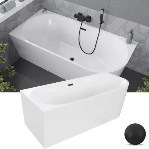HD Serico 160x80 cm balos félszabadonálló akril kád matt fekete túlfolyóval és click-clack leeresztővel