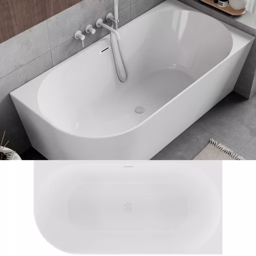 HD Serico 160x80 cm jobbos félszabadonálló akril kád fényes fehér túlfolyóval és click-clack leeresztővel