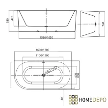 HD Serico 170x80 cm jobbos félszabadonálló akril kád fényes fehér túlfolyóval és click-clack leeresztővel