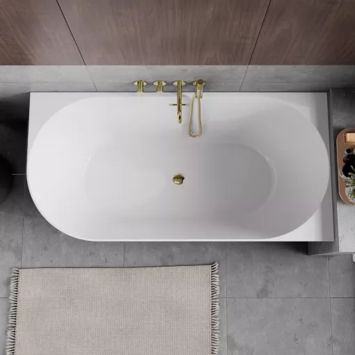 HD Serico 160x80 cm jobbos félszabadonálló akril kád fényes arany túlfolyóval és click-clack leeresztővel