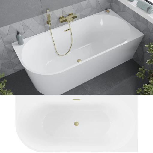 HD Serico 160x80 cm jobbos félszabadonálló akril kád szálcsiszolt arany túlfolyóval és click-clack leeresztővel