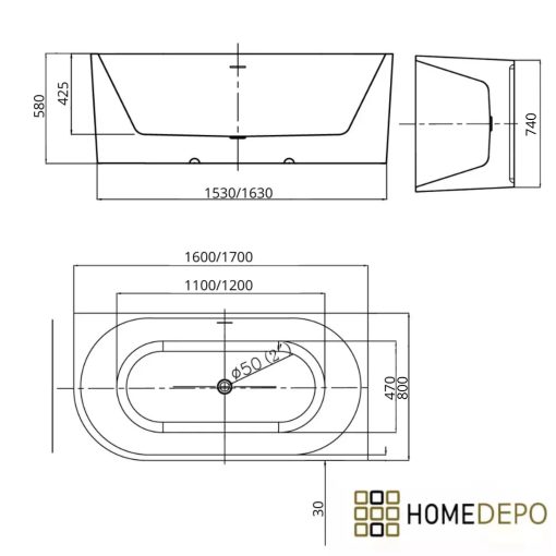HD Serico 160x80 cm jobbos félszabadonálló akril kád szálcsiszolt arany túlfolyóval és click-clack leeresztővel