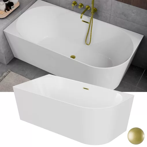 HD Serico 170x80 cm balos félszabadonálló akril kád szálcsiszolt arany túlfolyóval és click-clack leeresztővel
