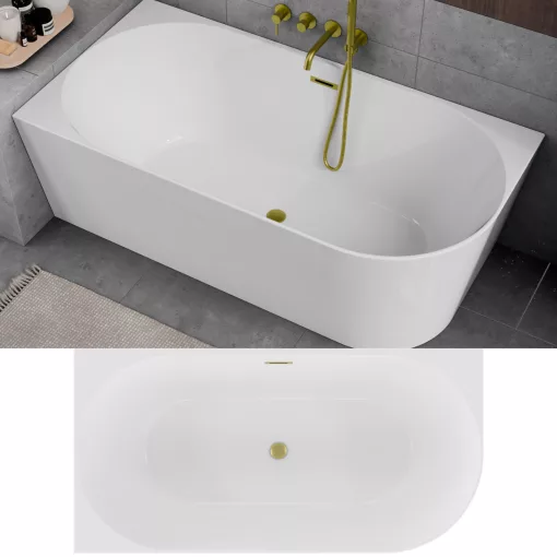 HD Serico 170x80 cm balos félszabadonálló akril kád szálcsiszolt arany túlfolyóval és click-clack leeresztővel