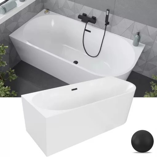 HD Serico 170x80 cm balos félszabadonálló akril kád matt fekete túlfolyóval és click-clack leeresztővel