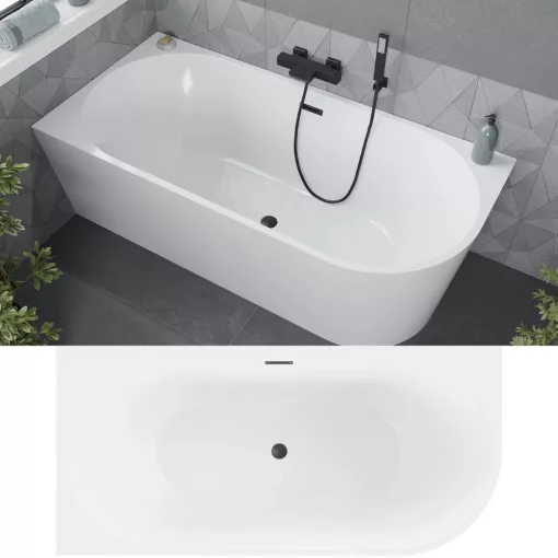 HD Serico 170x80 cm balos félszabadonálló akril kád matt fekete túlfolyóval és click-clack leeresztővel