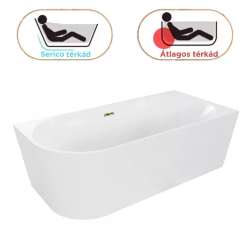 HD Serico 170x80 cm jobbos félszabadonálló akril kád fényes arany túlfolyóval és click-clack leeresztővel