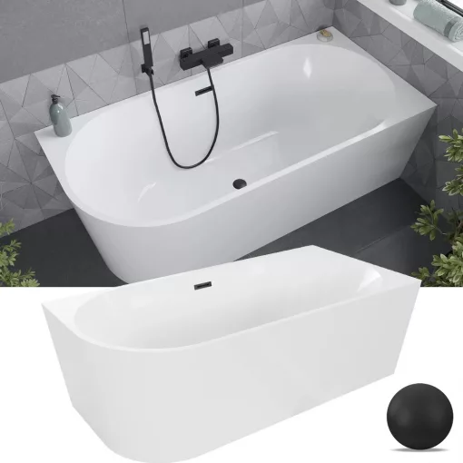HD Serico 170x80 cm jobbos félszabadonálló akril kád matt fekete túlfolyóval és click-clack leeresztővel