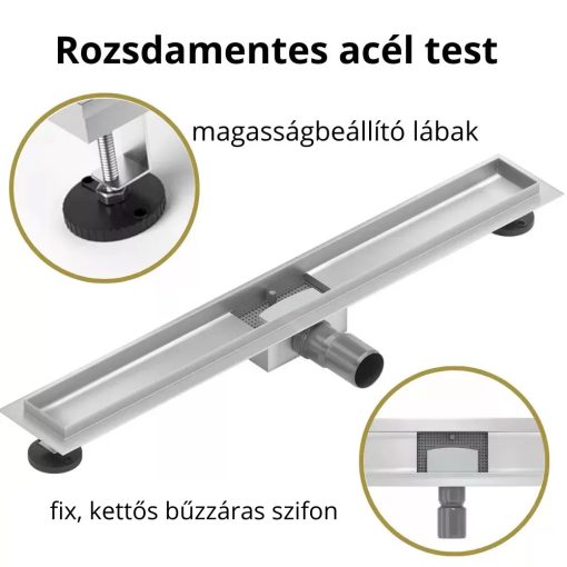 HD Mars+ 03 Chrome 80 cm hosszú rozsdamentes acél komplett zuhanyfolyóka, kettős bűzzárral