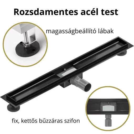 HD Mars+ 04 Black 70 cm hosszú rozsdamentes acél komplett fekete zuhanyfolyóka, kettős bűzzárral