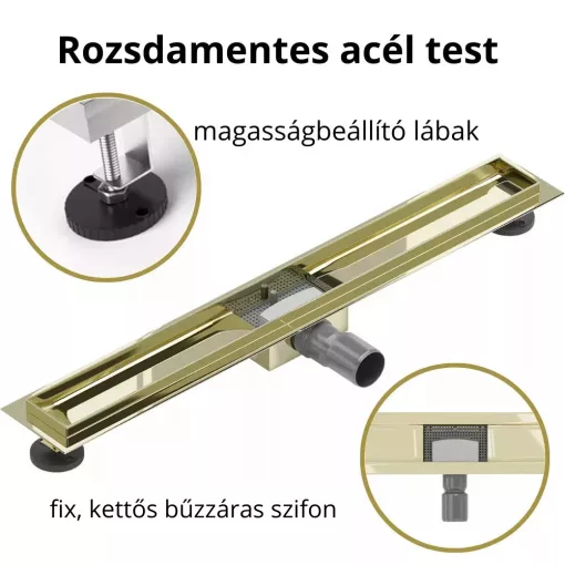 HD Mars+ 05 Gold 80 cm hosszú rozsdamentes acél komplett arany zuhanyfolyóka, kettős bűzzárral