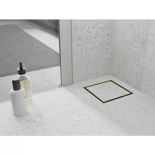 HD Mars 07 Gold 15x15 cm csempézhető rozsdamentes acél komplett arany zuhanyfolyóka