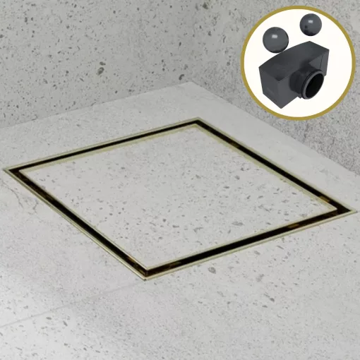 HD Mars+ 07 Gold 15x15 cm csempézhető rozsdamentes acél komplett arany zuhanyfolyóka, kettős bűzzárral