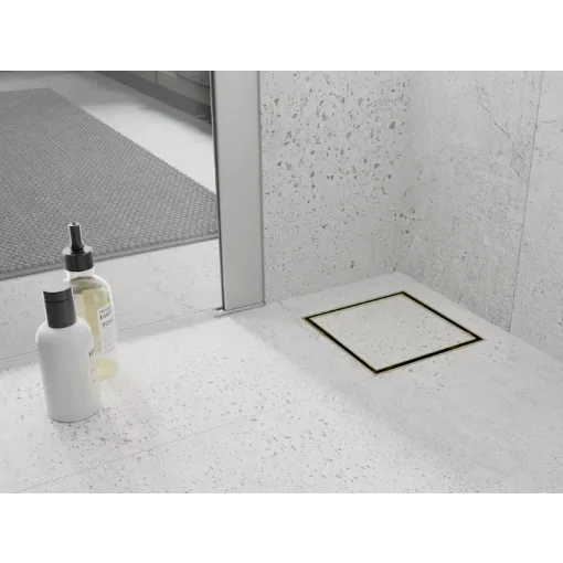 HD Mars+ 07 Gold 15x15 cm csempézhető rozsdamentes acél komplett arany zuhanyfolyóka, kettős bűzzárral