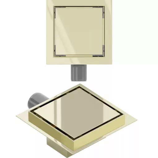 HD Mars+ 07 Gold 15x15 cm csempézhető rozsdamentes acél komplett arany zuhanyfolyóka, kettős bűzzárral