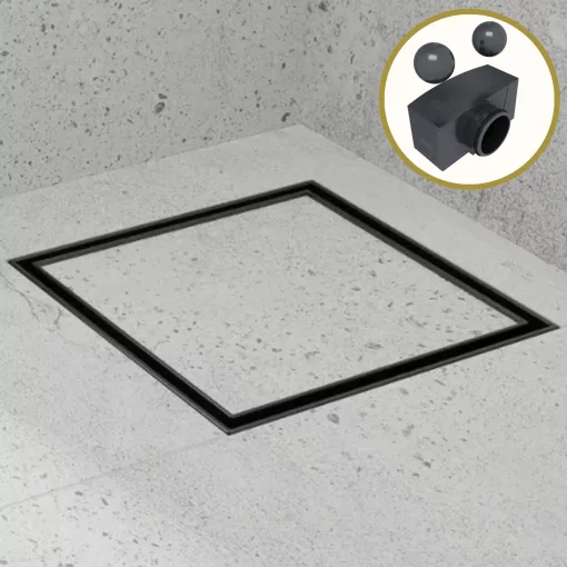 HD Mars+ 07 Black 15x15 cm csempézhető rozsdamentes acél komplett fekete zuhanyfolyóka, kettős bűzzárral