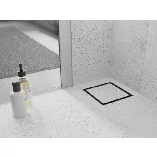 HD Mars+ 07 Black 15x15 cm csempézhető rozsdamentes acél komplett fekete zuhanyfolyóka, kettős bűzzárral