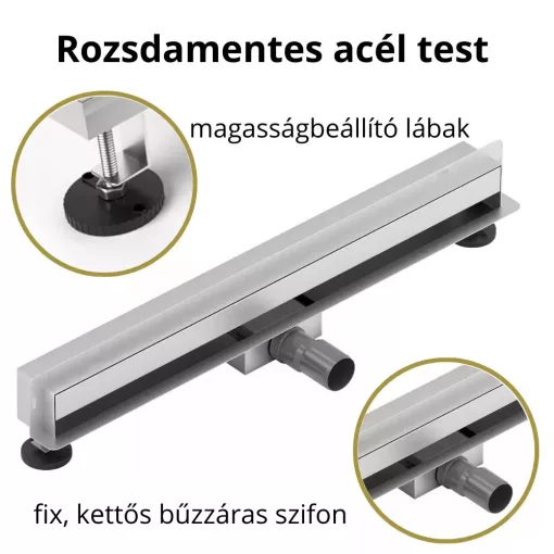 HD Mars+ 08 Chrome 80 cm hosszú csempézhető rozsdamentes acél komplett fali zuhanyfolyóka, kettős bűzzárral