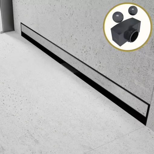 HD Mars+ 08 Black csempézhető rozsdamentes acél komplett fali zuhanyfolyóka, kettős bűzzárral