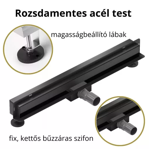 HD Mars+ 08 Black csempézhető rozsdamentes acél komplett fali zuhanyfolyóka, kettős bűzzárral