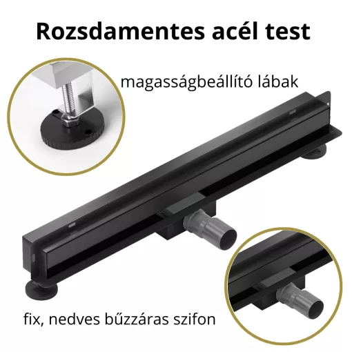 HD Mars 08 Black 80 cm hosszú rozsdamentes acél komplett fali zuhanyfolyóka