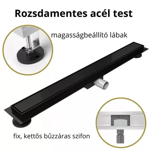 HD Mars+ 02 Black fekete-üveg komplett rozsdamentes acél zuhanyfolyóka fekete zuhanyfolyóka testtel, kettős bűzzárral