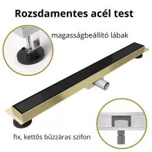 HD Mars+ 02 Black fekete-üveg komplett rozsdamentes acél zuhanyfolyóka arany zuhanyfolyóka testtel, kettős bűzzárral