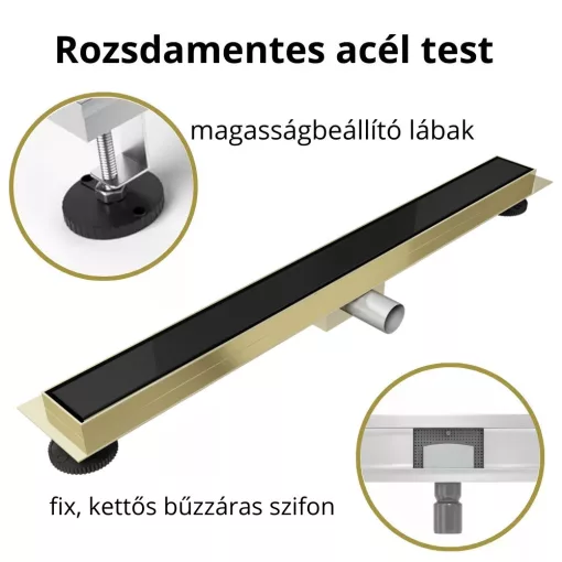 HD Mars+ 02 Black fekete-üveg komplett rozsdamentes acél zuhanyfolyóka arany zuhanyfolyóka testtel, kettős bűzzárral