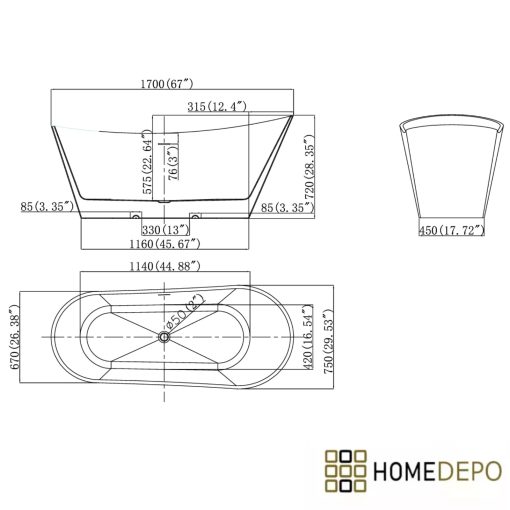 HD Uniq White szögletes térben álló akril kád fényes fehér click-clack leeresztővel, 170x72x70 cm