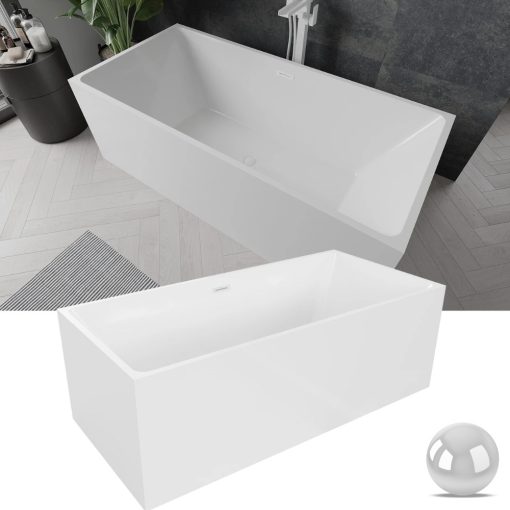 HD Miami White szögletes térben álló akril kád fényes fehér túlfolyóval és click-clack leeresztővel, 170x75x58 cm