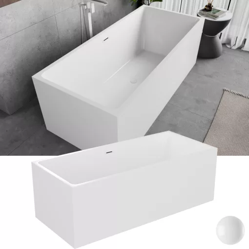 HD Miami White szögletes térben álló akril kád fényes fehér túlfolyóval és click-clack leeresztővel, 170x75x58 cm