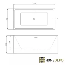 HD Miami White szögletes térben álló akril kád fényes fehér túlfolyóval és click-clack leeresztővel, 170x75x58 cm
