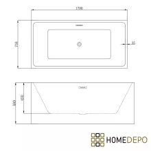 HD Miami White szögletes térben álló akril kád fényes fehér túlfolyóval és click-clack leeresztővel, 170x75x58 cm