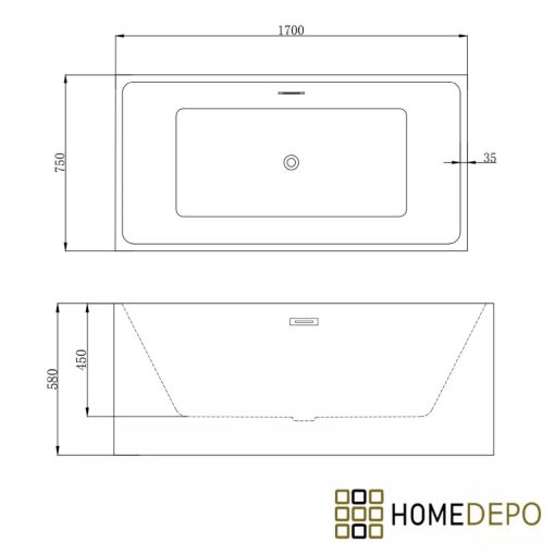HD Miami White szögletes térben álló akril kád fényes fehér túlfolyóval és click-clack leeresztővel, 170x75x58 cm