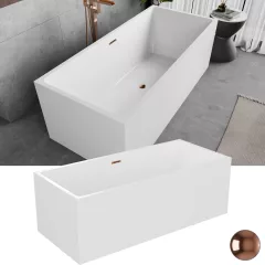   HD Miami White szögletes térben álló akril kád rózsa arany túlfolyóval és click-clack leeresztővel, 170x75x58 cm