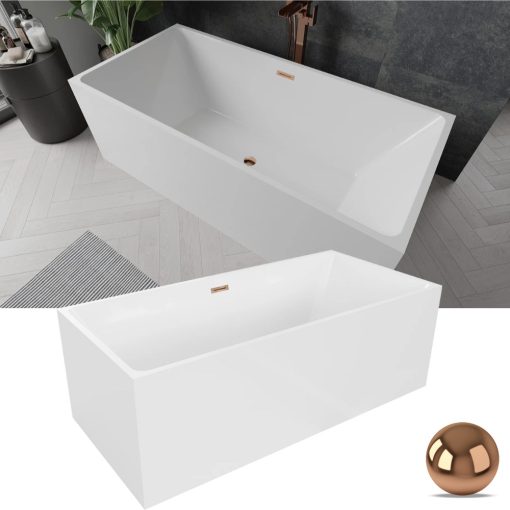 HD Miami White szögletes térben álló akril kád rózsa arany túlfolyóval és click-clack leeresztővel, 170x75x58 cm