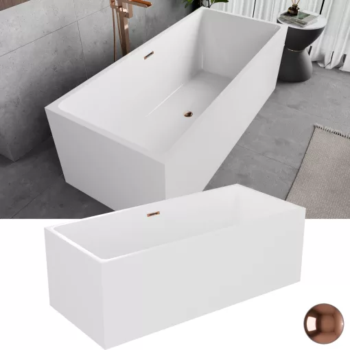 HD Miami White szögletes térben álló akril kád rózsa arany túlfolyóval és click-clack leeresztővel, 170x75x58 cm