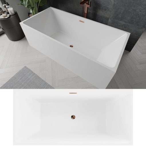 HD Miami White szögletes térben álló akril kád rózsa arany túlfolyóval és click-clack leeresztővel, 170x75x58 cm